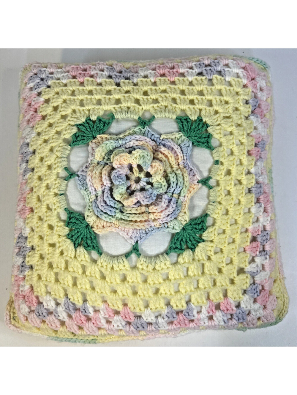 Vintage Handmade Crochet Knit pastel throw pillow Baby Nursery 14"x 14" Clean